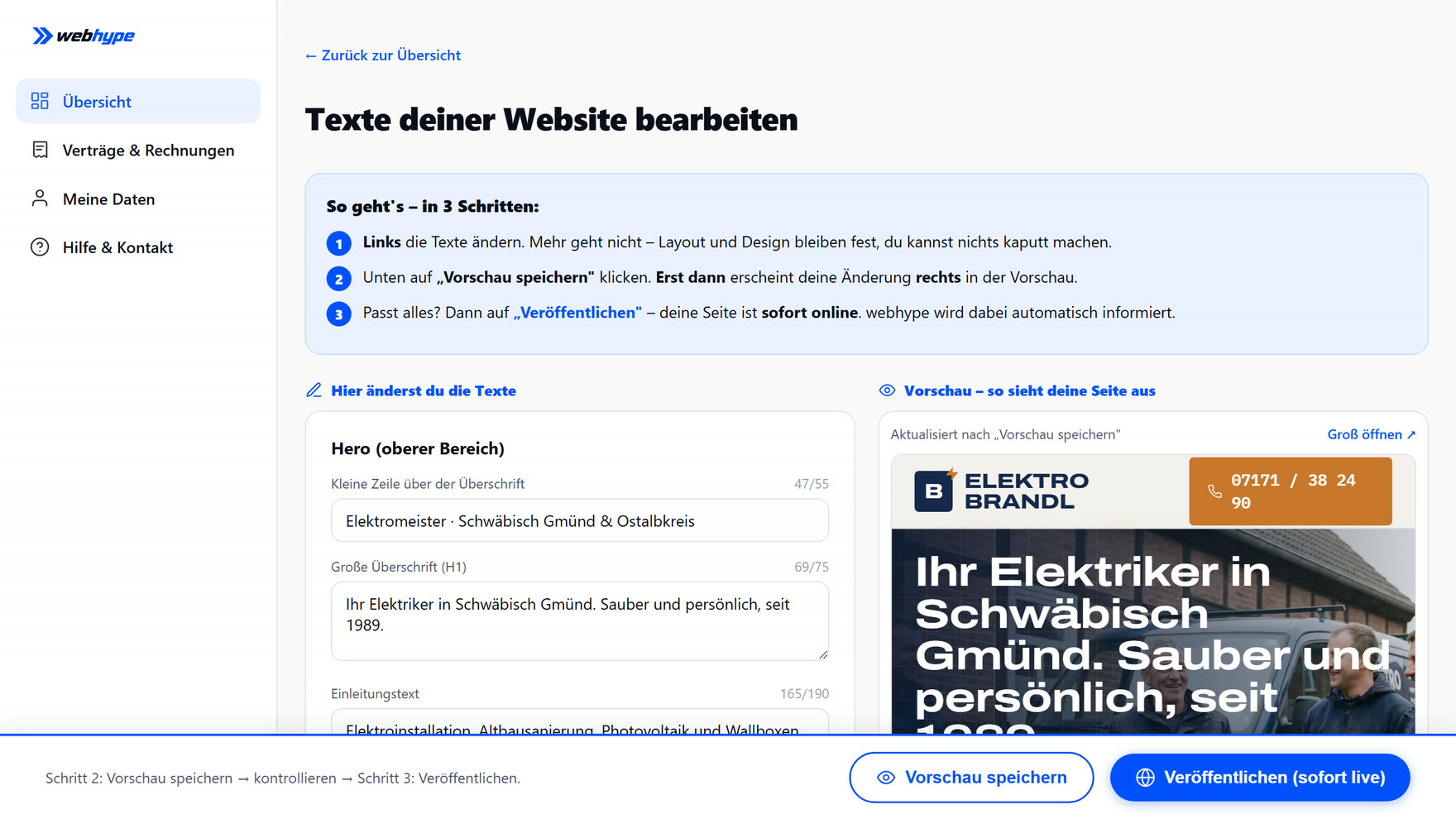 Kundenportal: Website-Texte bearbeiten mit Live-Vorschau